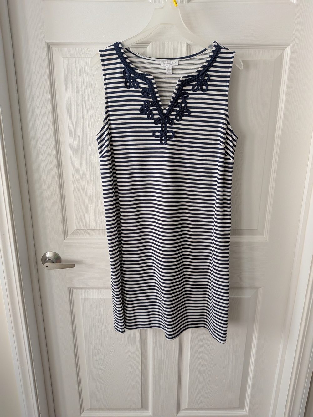 Charter Club Sleeveless Navy and White Striped Dress with Embroidered V-Neck